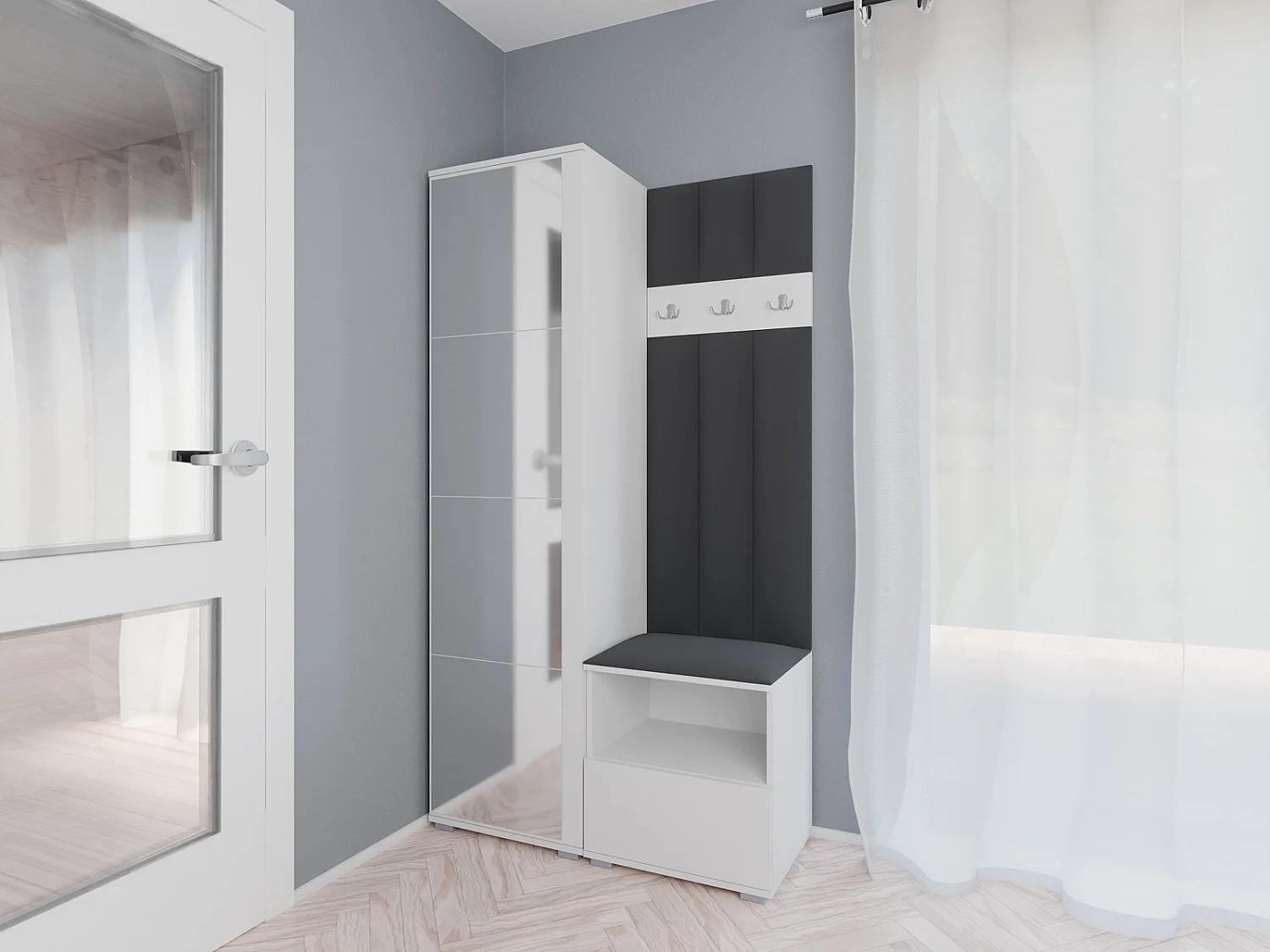 Garderobe Nela I LUX mit Spiegel - 100 cm - Matt Weiß - Trinity 15 - Dunkelgrau