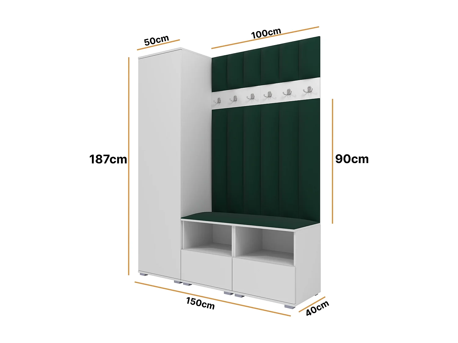 Garderobe Nela II LUX - 150 cm - Matt Weiß - Trinity 28 - Flaschengrün