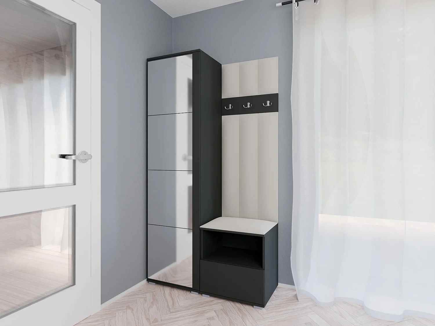 Garderobe Nela I LUX mit Spiegel - 100 cm - Graphit - Trinity 01 - Creme