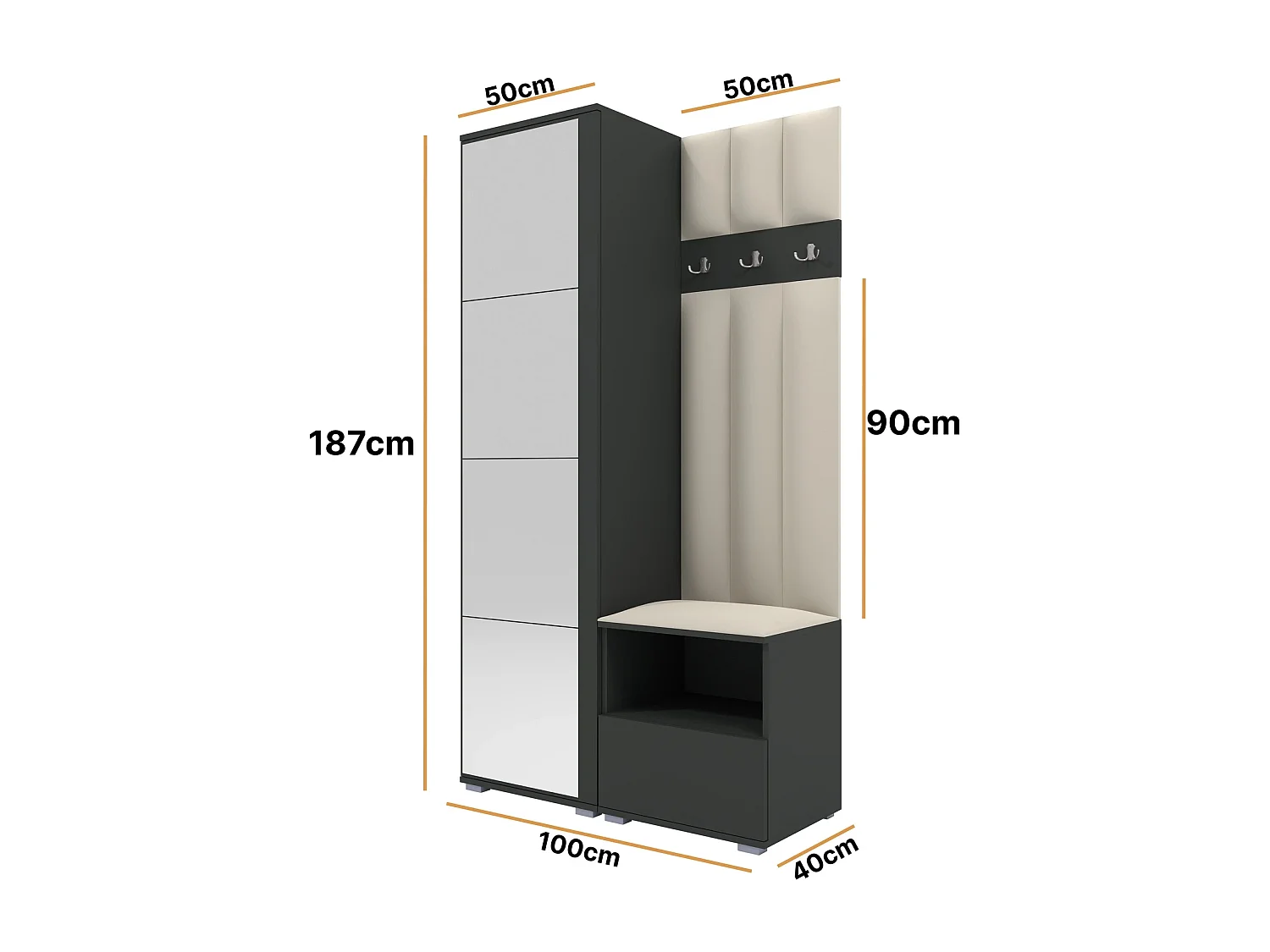 Garderobe Nela I LUX mit Spiegel - 100 cm - Graphit - Trinity 01 - Creme