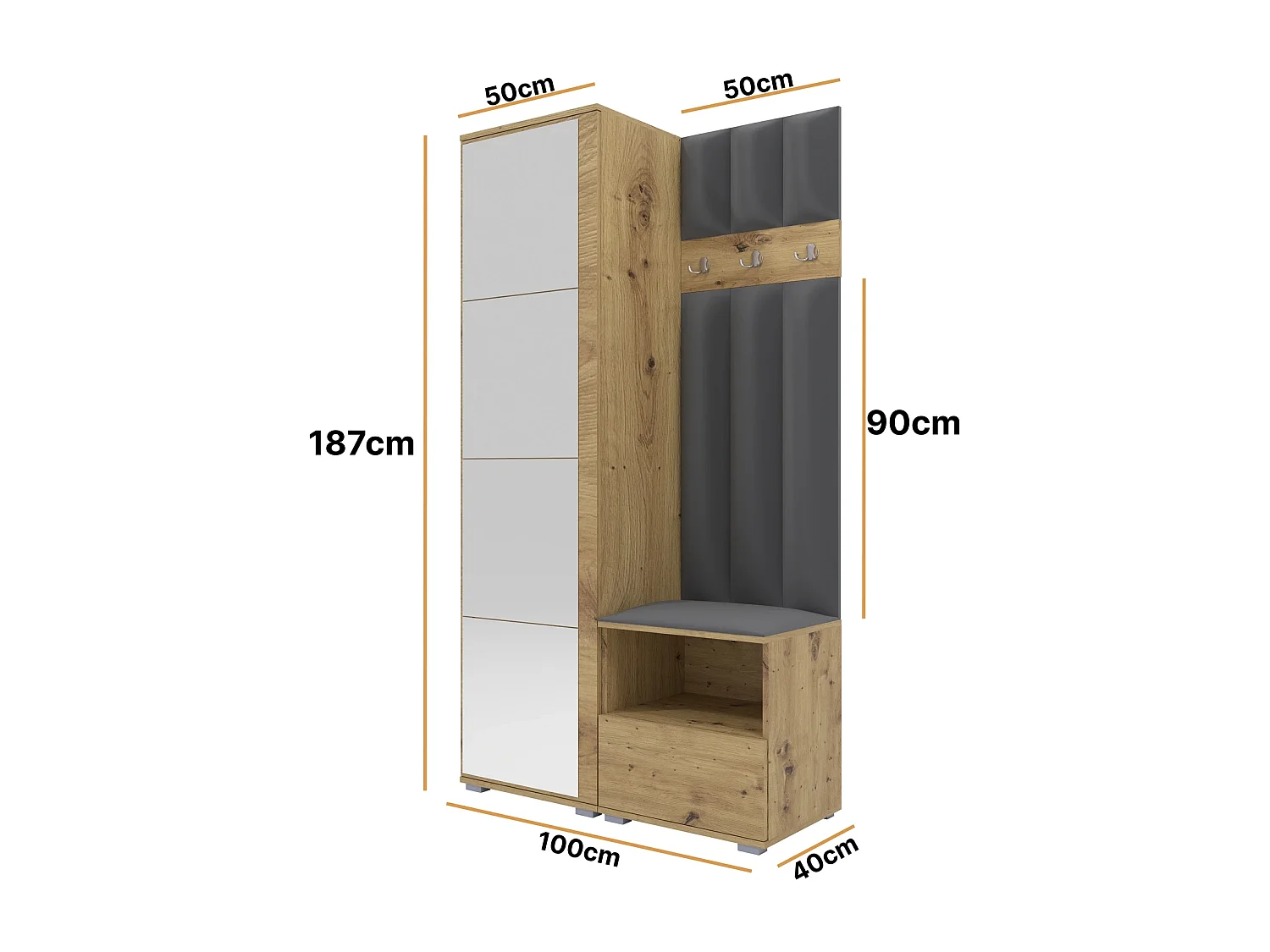 Garderobe Nela I LUX mit Spiegel - 100 cm - Eiche Artisan - Trinity 15 - Dunkelgrau