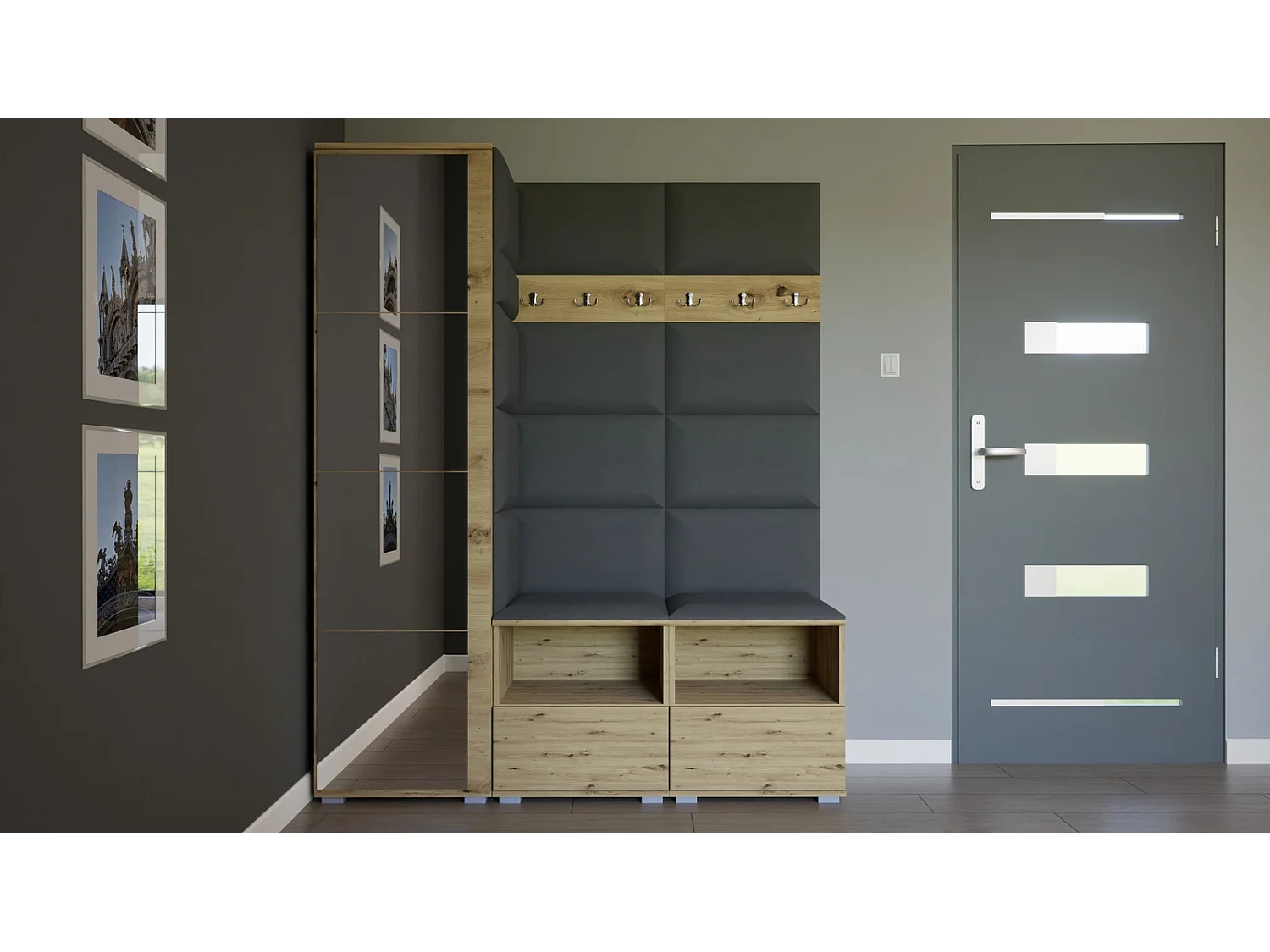 Garderobe Nela II mit Spiegel - 150 cm - Eiche Artisan - Trinity 15 - Dunkelgrau