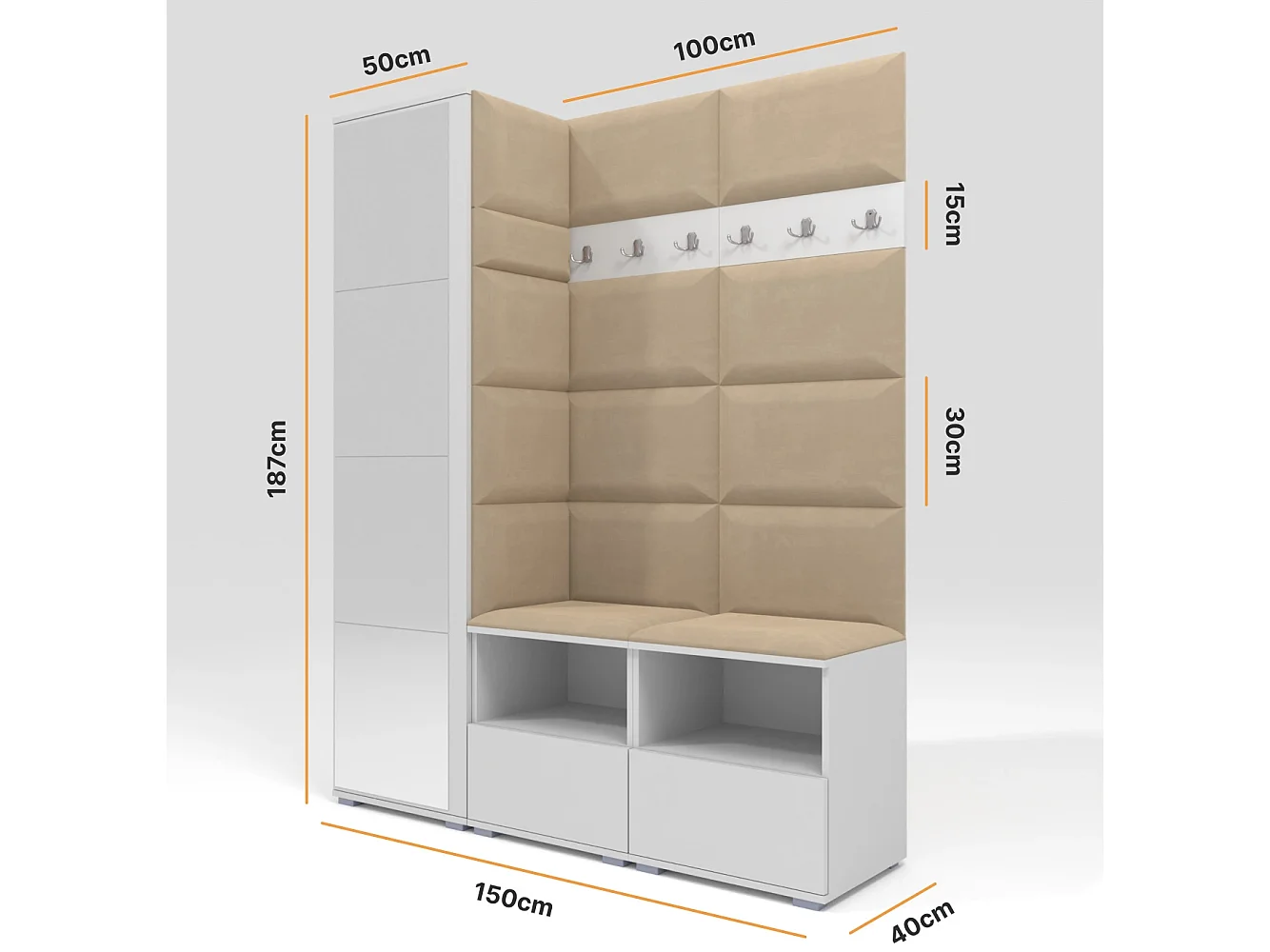 Halcombinatie Nela II met spiegel - 150 cm - Mat Wit - Trinity 04 - Beige