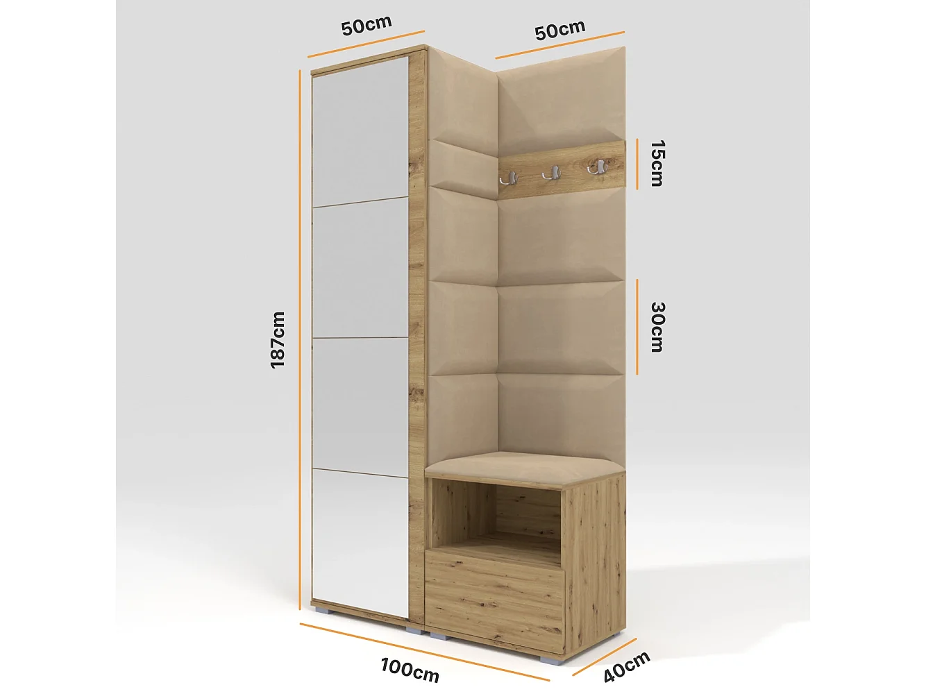Vestiaire Nela I avec miroir - 100 cm - Chêne Artisan - Trinity 04 - Beige