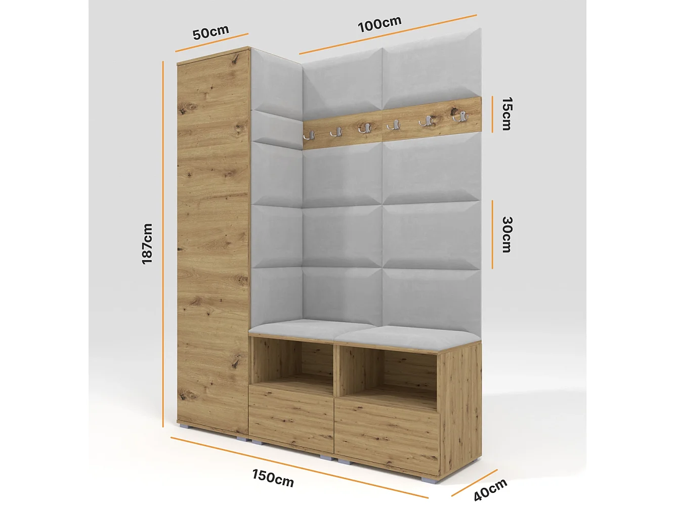 Halcombinatie Nela II - 150 cm - Artisan Eiken - Trinity 32 - Lichtgrijs