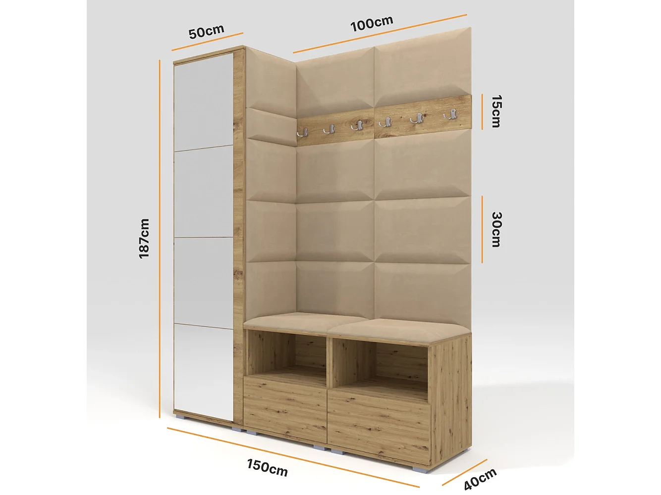 Halcombinatie Nela II met spiegel - 150 cm - Artisan Eiken - Trinity 04 - Beige