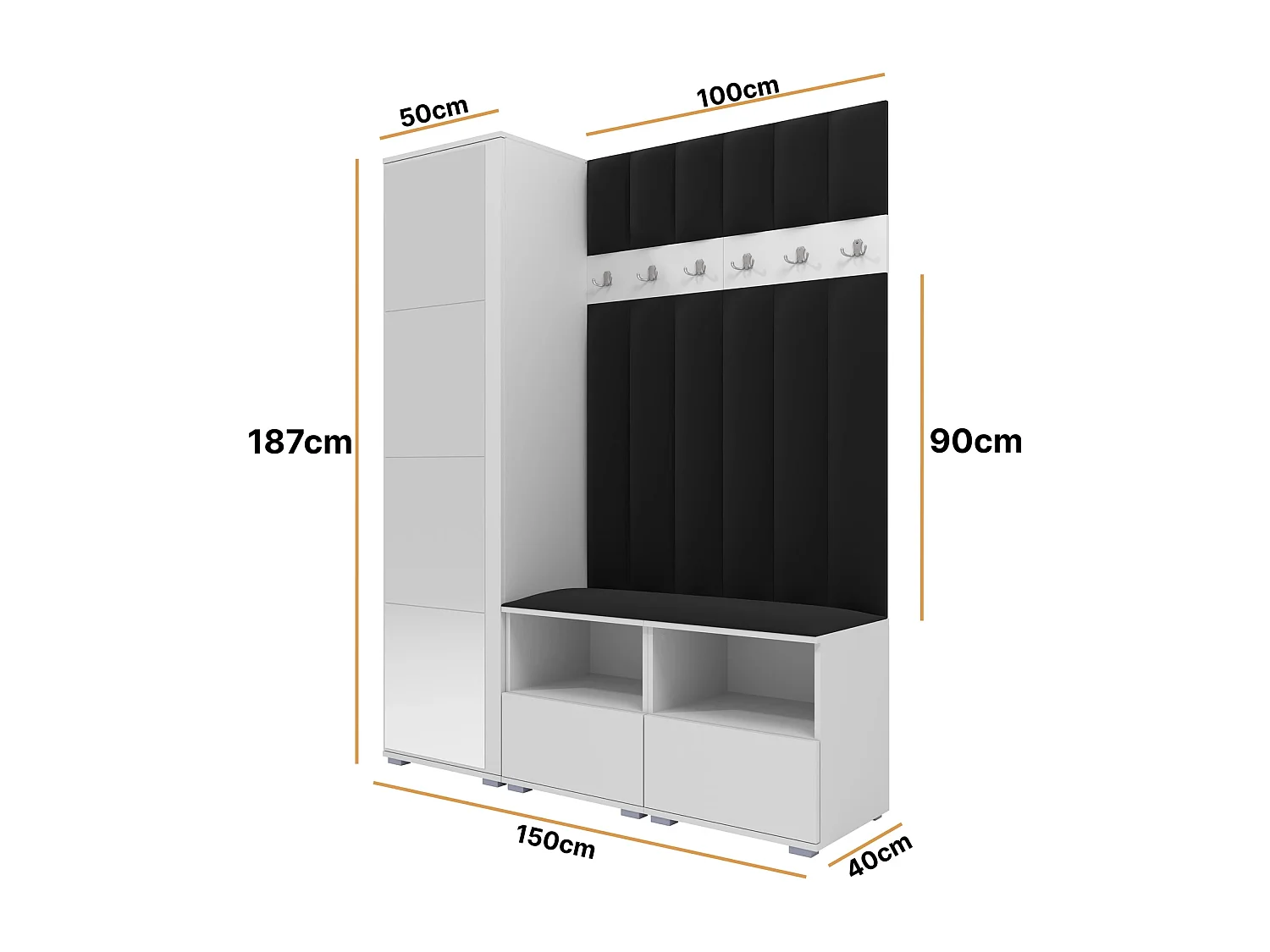 Halcombinatie Nela II LUX met spiegel - 150 cm - Mat Wit - Trinity 16 - Zwart