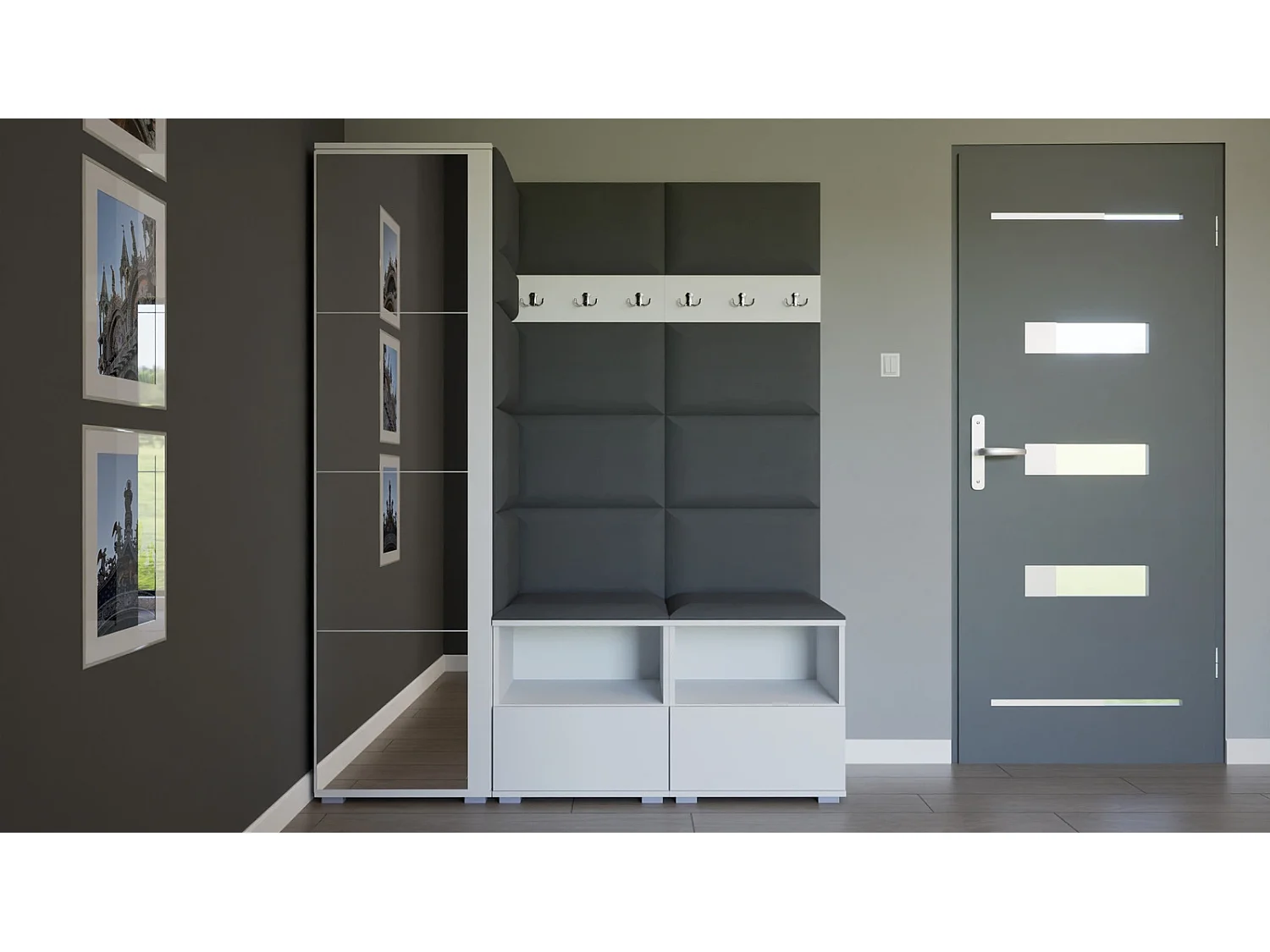 Garderobe Nela II mit Spiegel - 150 cm - Matt Weiß - Trinity 15 - Dunkelgrau