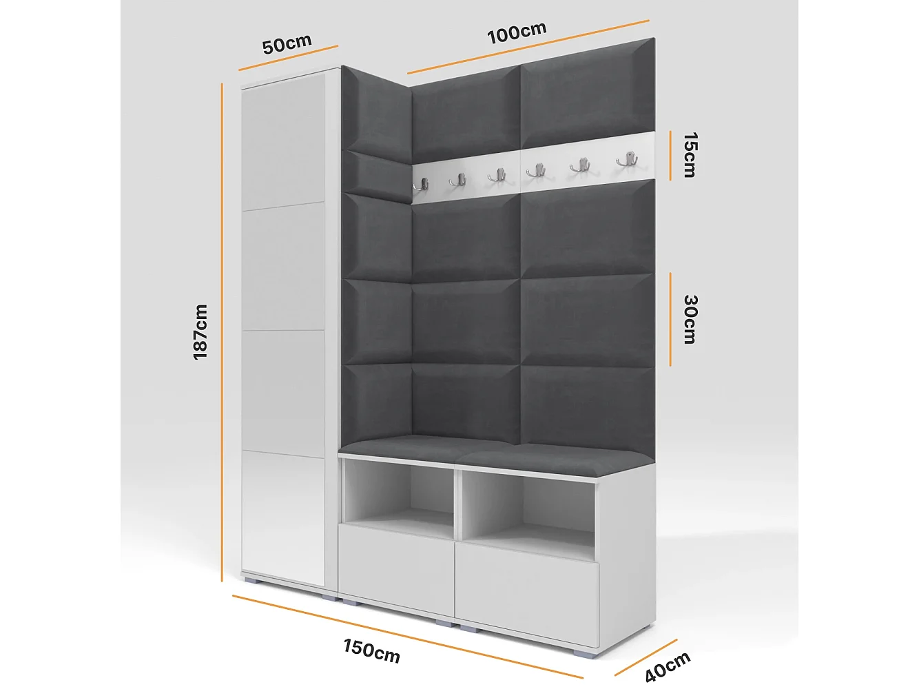 Garderobe Nela II mit Spiegel - 150 cm - Matt Weiß - Trinity 15 - Dunkelgrau