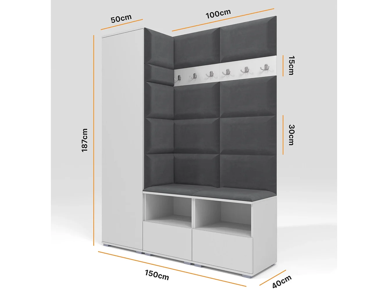 Garderobe Nela II - 150 cm - Matt Weiß - Trinity 15 - Dunkelgrau