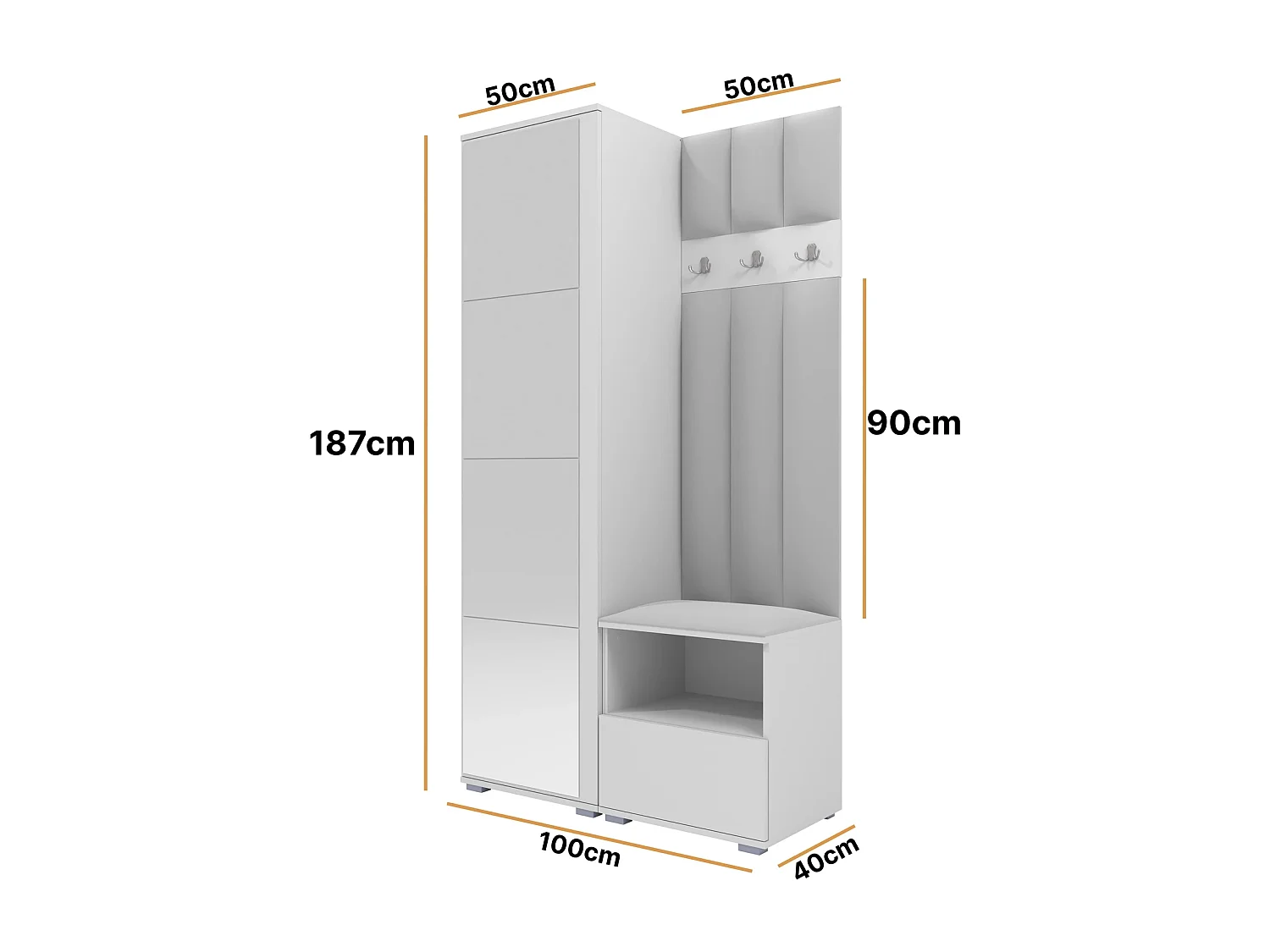 Vestiaire Nela I LUX avec miroir - 100 cm - Blanc Mat - Trinity 32 - Gris Clair