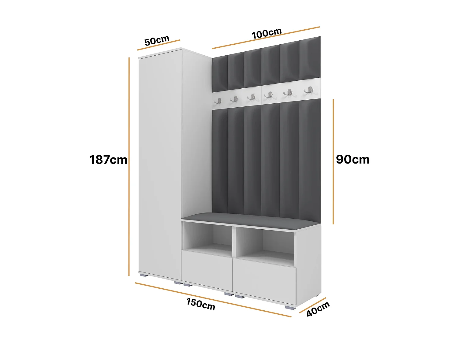 Garderobe Nela II LUX - 150 cm - Matt Weiß - Trinity 15 - Dunkelgrau