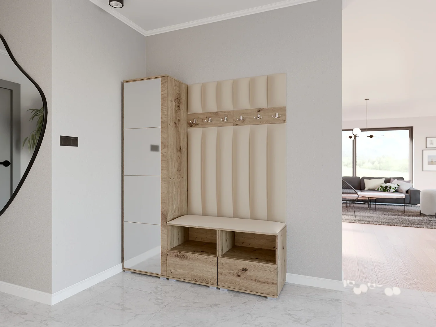 Halcombinatie Nela II LUX met spiegel - 150 cm - Artisan Eiken - Trinity 04 - Beige