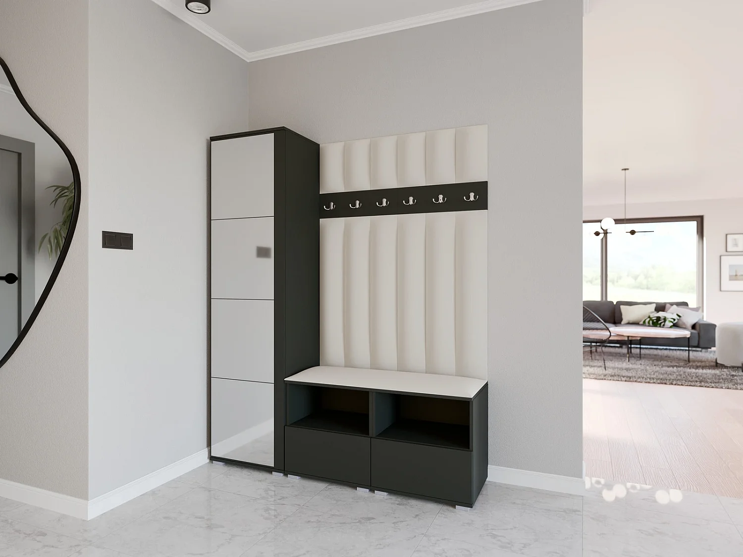 Garderobe Nela II LUX mit Spiegel - 150 cm - Graphit - Trinity 01 - Creme