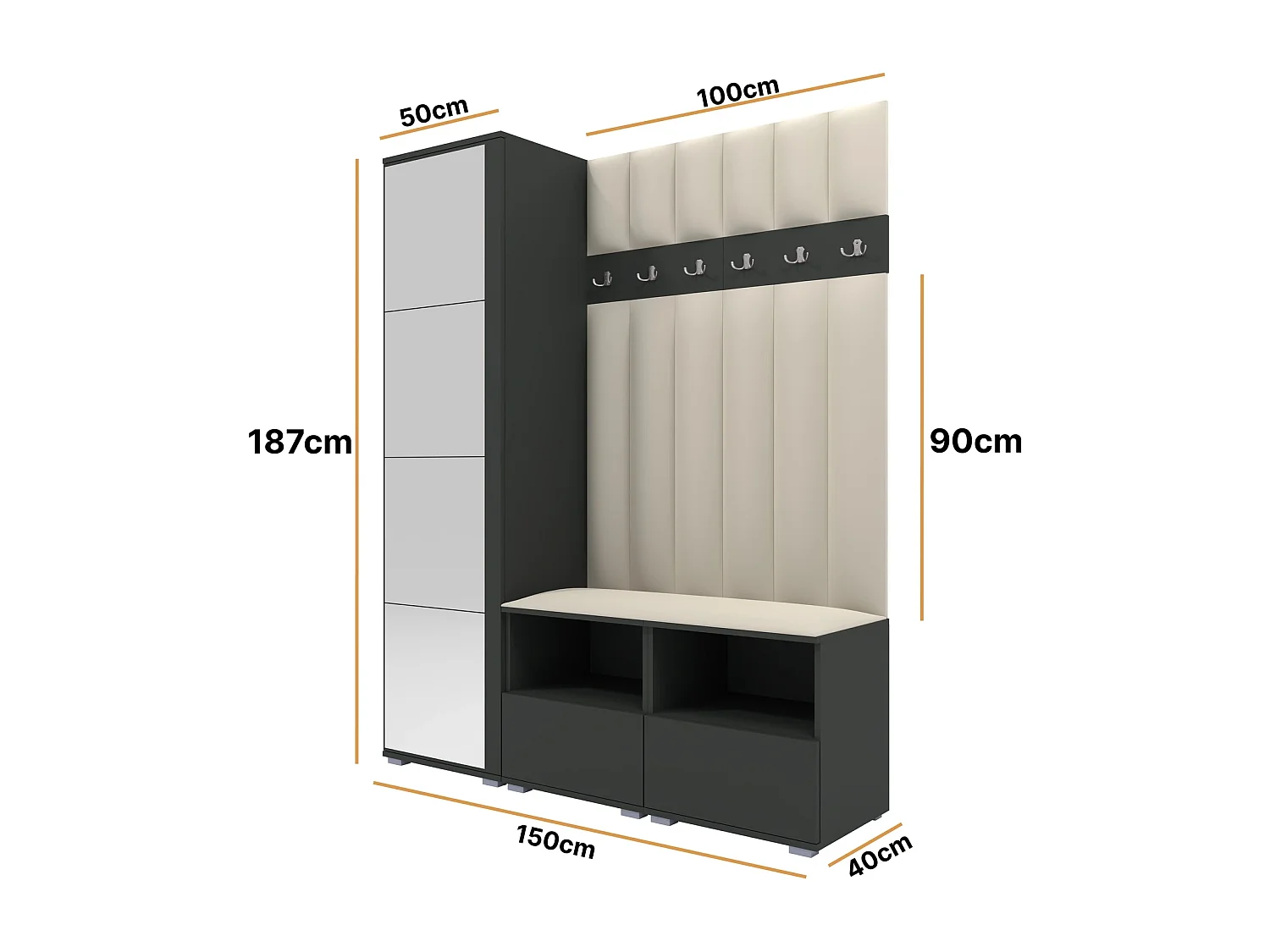 Garderobe Nela II LUX mit Spiegel - 150 cm - Graphit - Trinity 01 - Creme