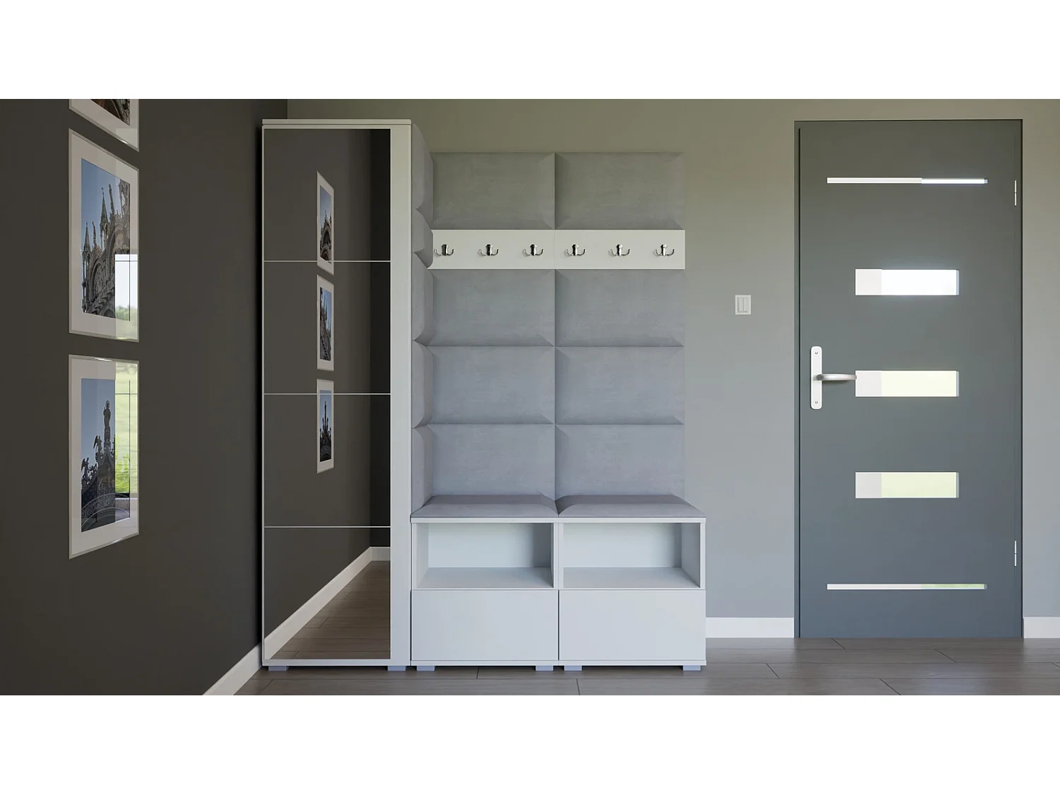 Vestiaire Nela II avec miroir - 150 cm - Blanc Mat - Trinity 32 - Gris Clair