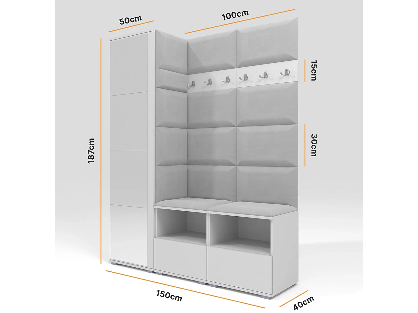 Vestiaire Nela II avec miroir - 150 cm - Blanc Mat - Trinity 32 - Gris Clair