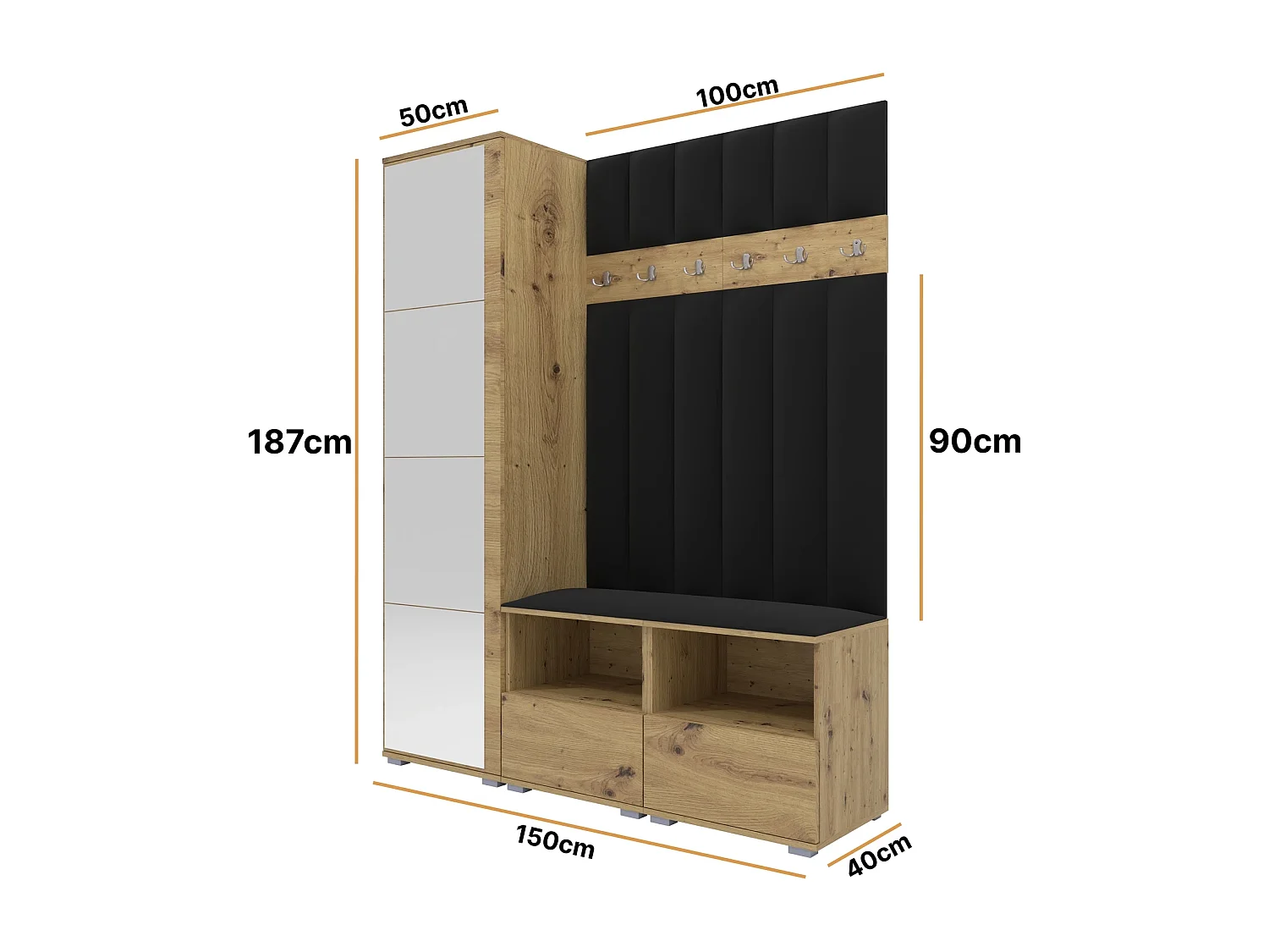 Halcombinatie Nela II LUX met spiegel - 150 cm - Artisan Eiken - Trinity 16 - Zwart