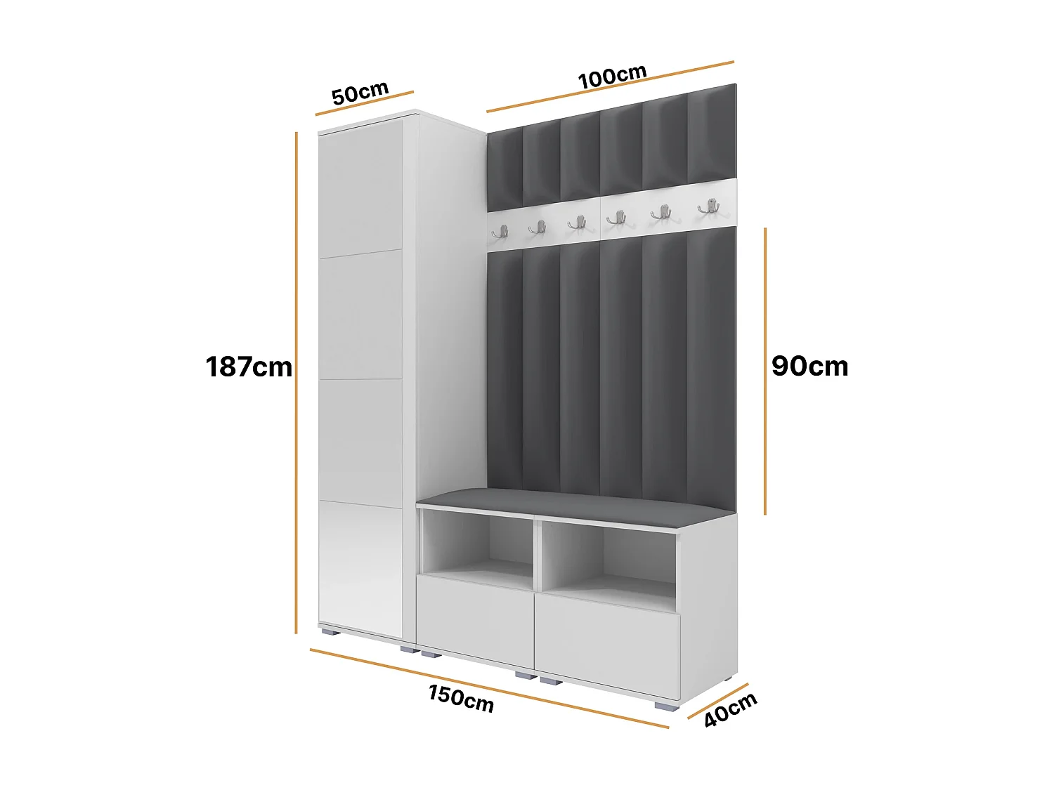 Garderobe Nela II LUX mit Spiegel - 150 cm - Matt Weiß - Trinity 15 - Dunkelgrau