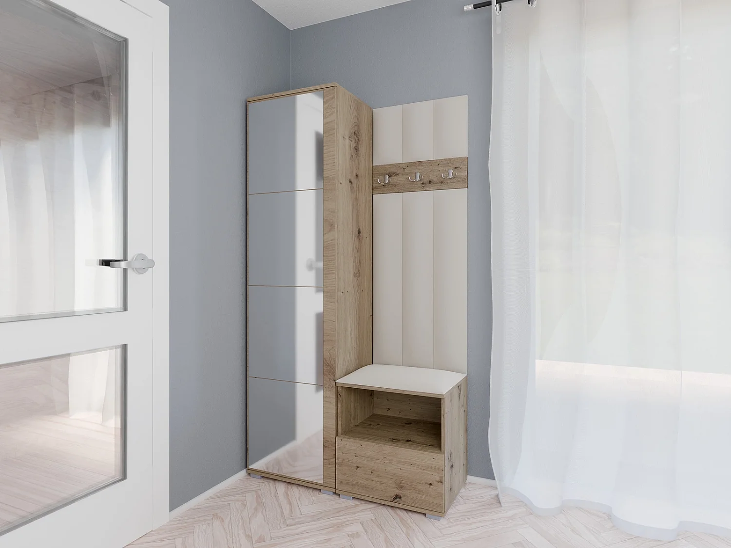 Vestiaire Nela I LUX avec miroir - 100 cm - Chêne Artisan - Trinity 01 - Crème