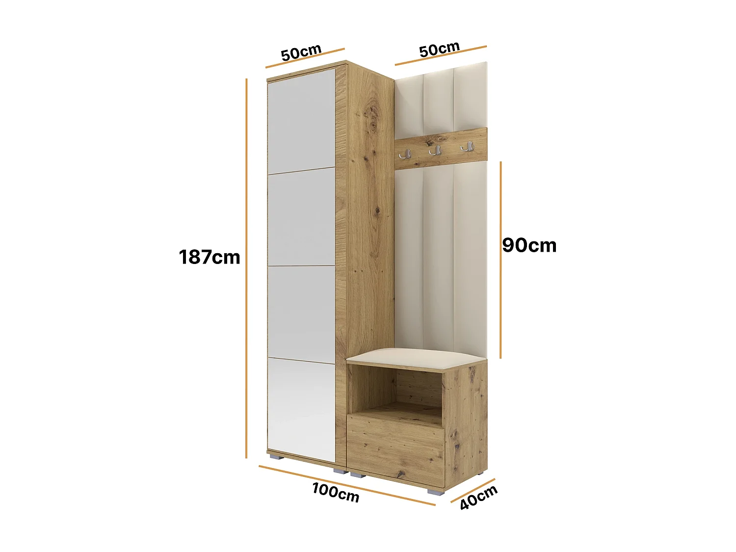 Vestiaire Nela I LUX avec miroir - 100 cm - Chêne Artisan - Trinity 01 - Crème