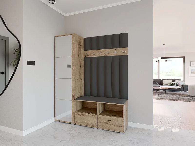 Garderobe Nela II LUX mit Spiegel - 150 cm - Eiche Artisan - Trinity 15 - Dunkelgrau