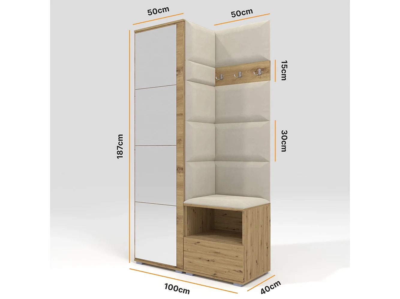 Vestiaire Nela I avec miroir - 100 cm - Chêne Artisan - Trinity 01 - Crème