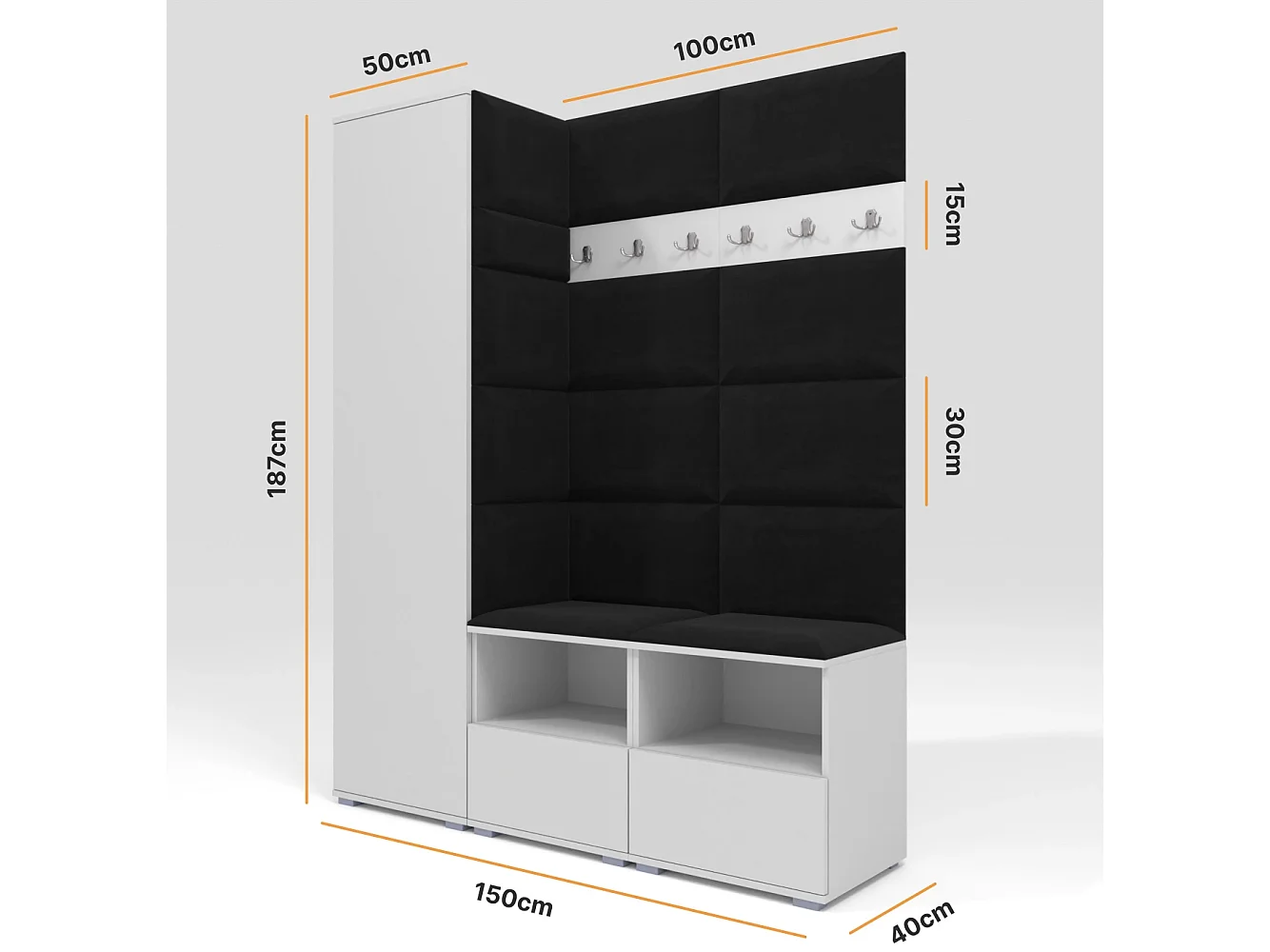 Halcombinatie Nela II - 150 cm - Mat Wit - Trinity 16 - Zwart