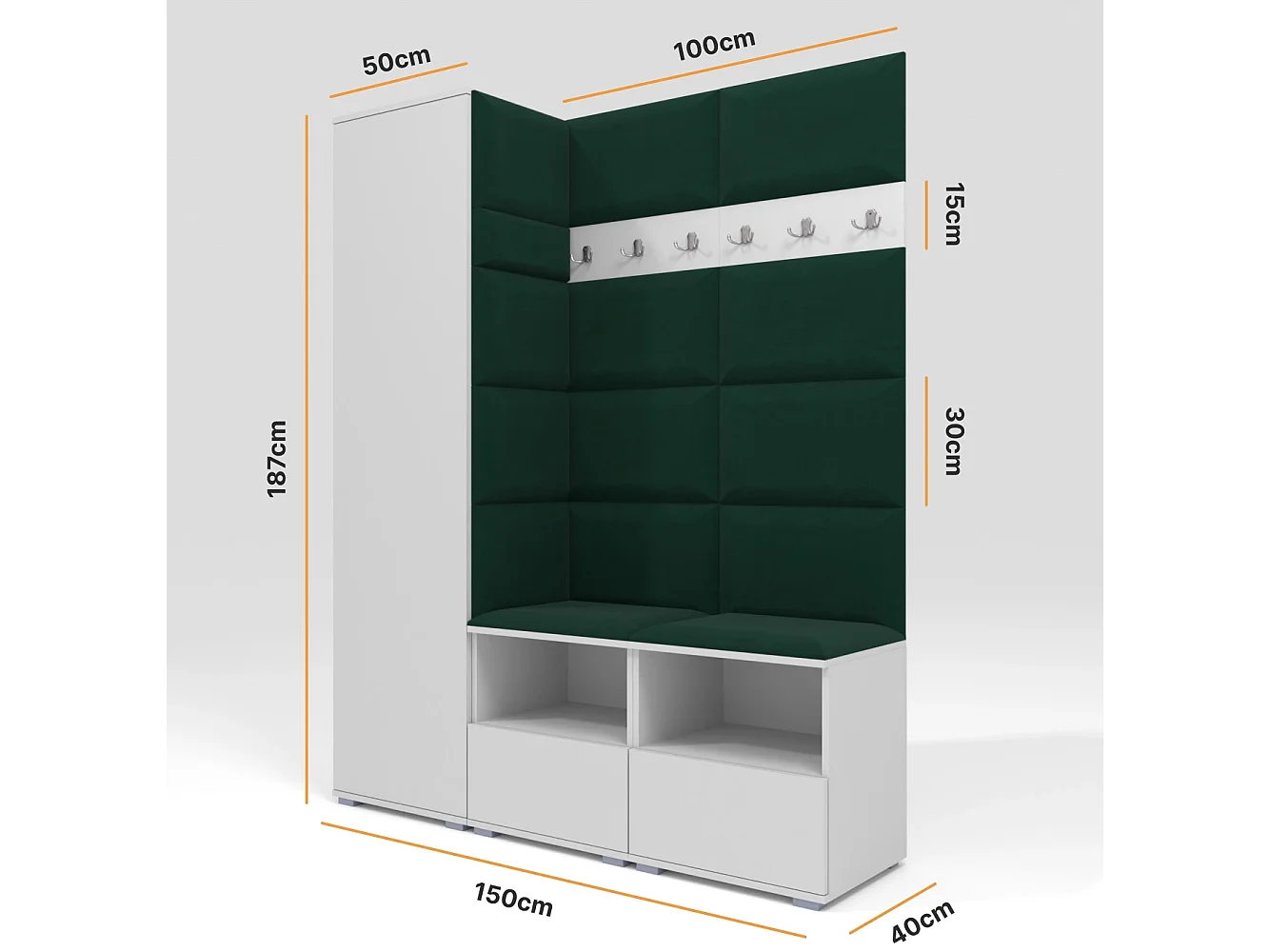 Garderobe Nela II - 150 cm - Matt Weiß - Trinity 28 - Flaschengrün