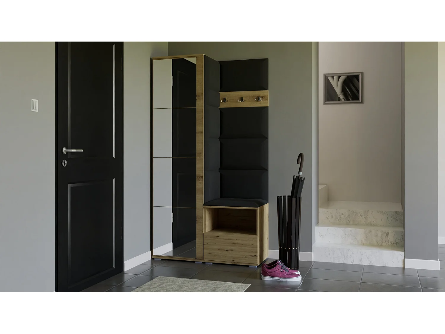 Halcombinatie Nela I met spiegel - 100 cm - Artisan Eiken - Trinity 16 - Zwart