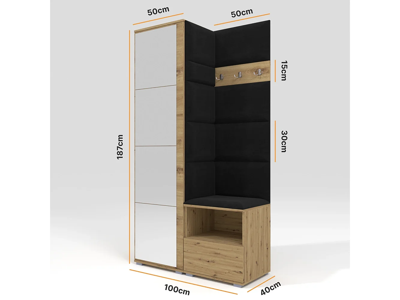 Halcombinatie Nela I met spiegel - 100 cm - Artisan Eiken - Trinity 16 - Zwart