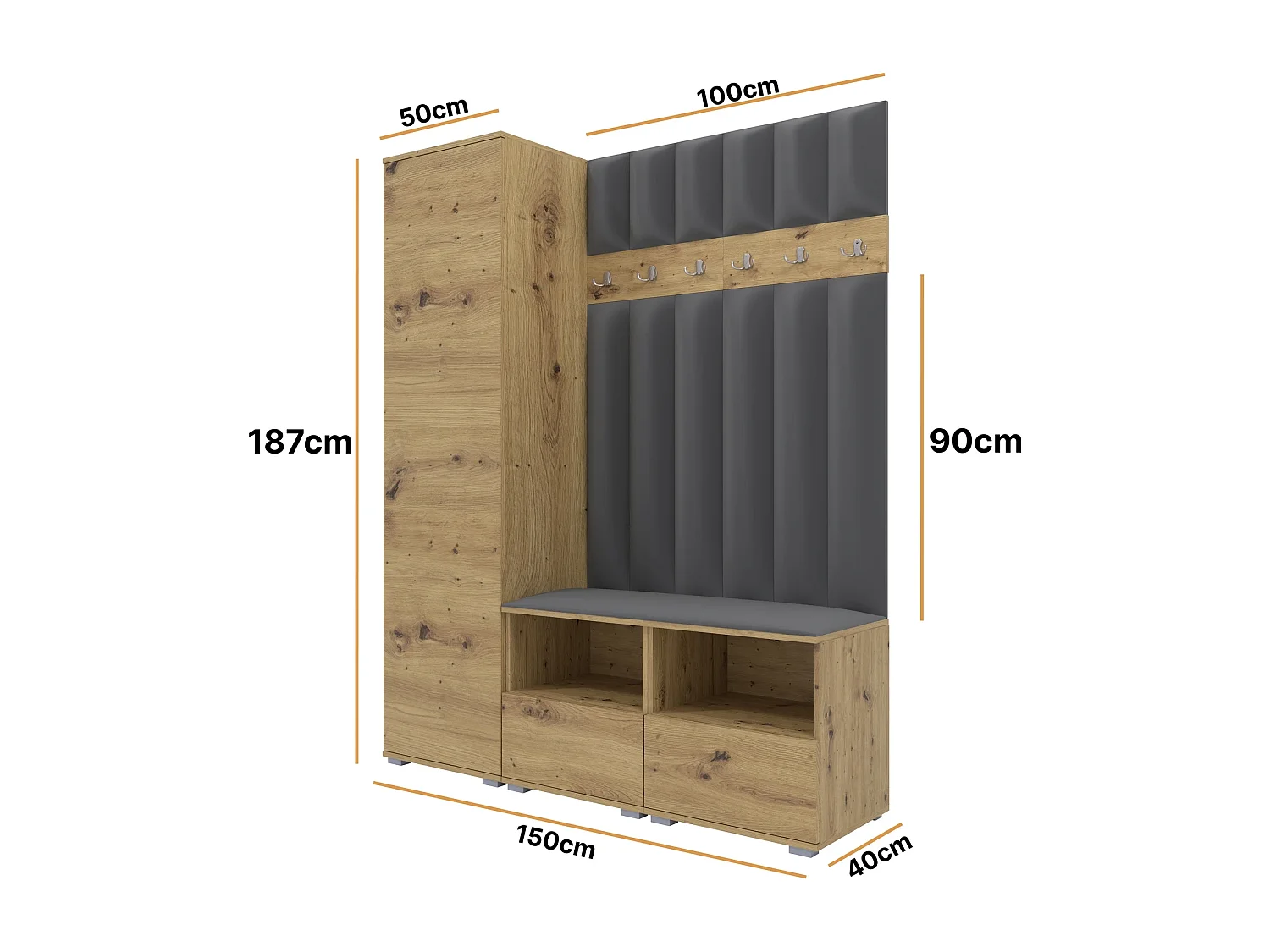 Garderobe Nela II LUX - 150 cm - Eiche Artisan - Trinity 15 - Dunkelgrau