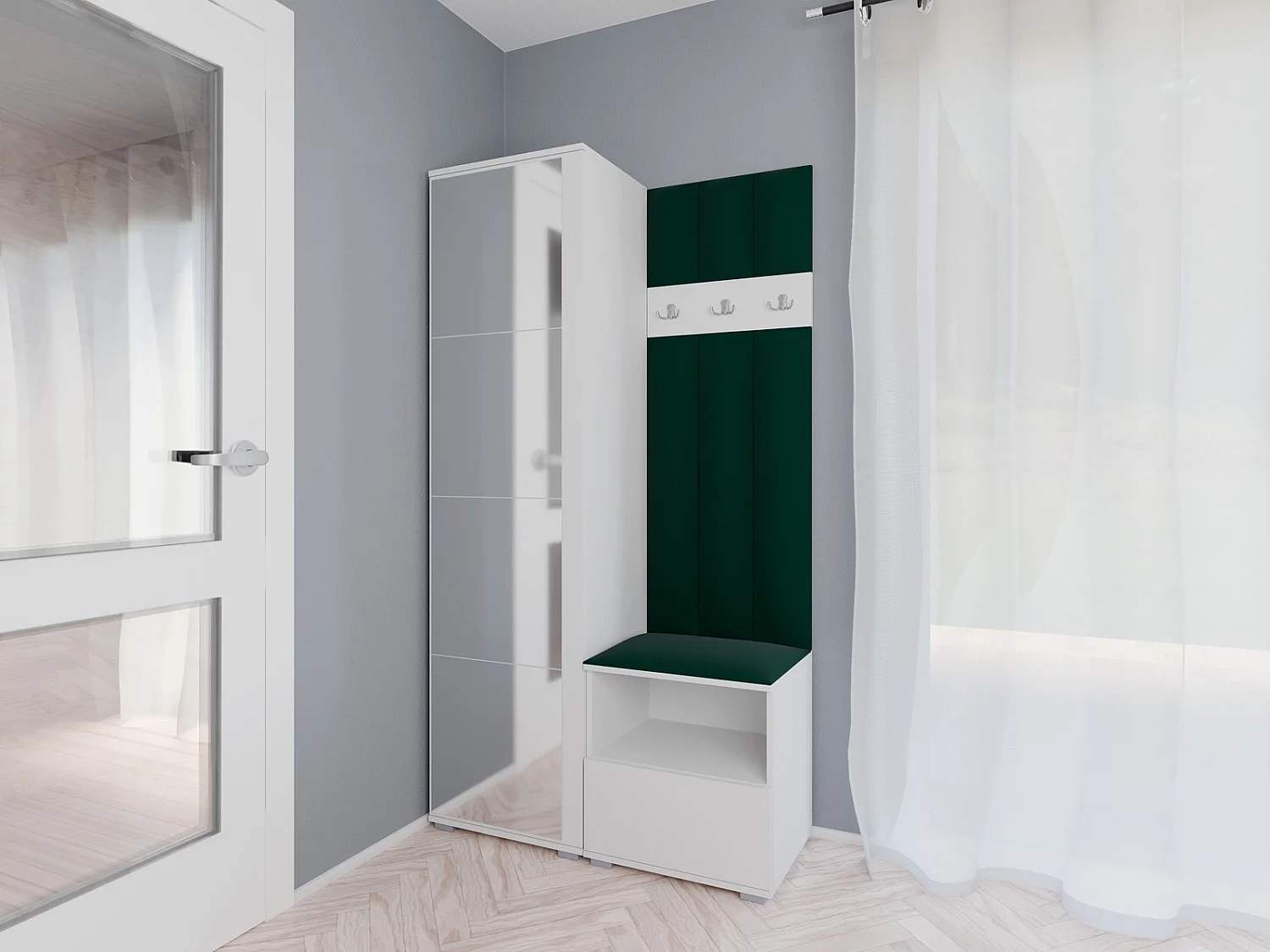 Garderobe Nela I LUX mit Spiegel - 100 cm - Matt Weiß - Trinity 28 - Flaschengrün