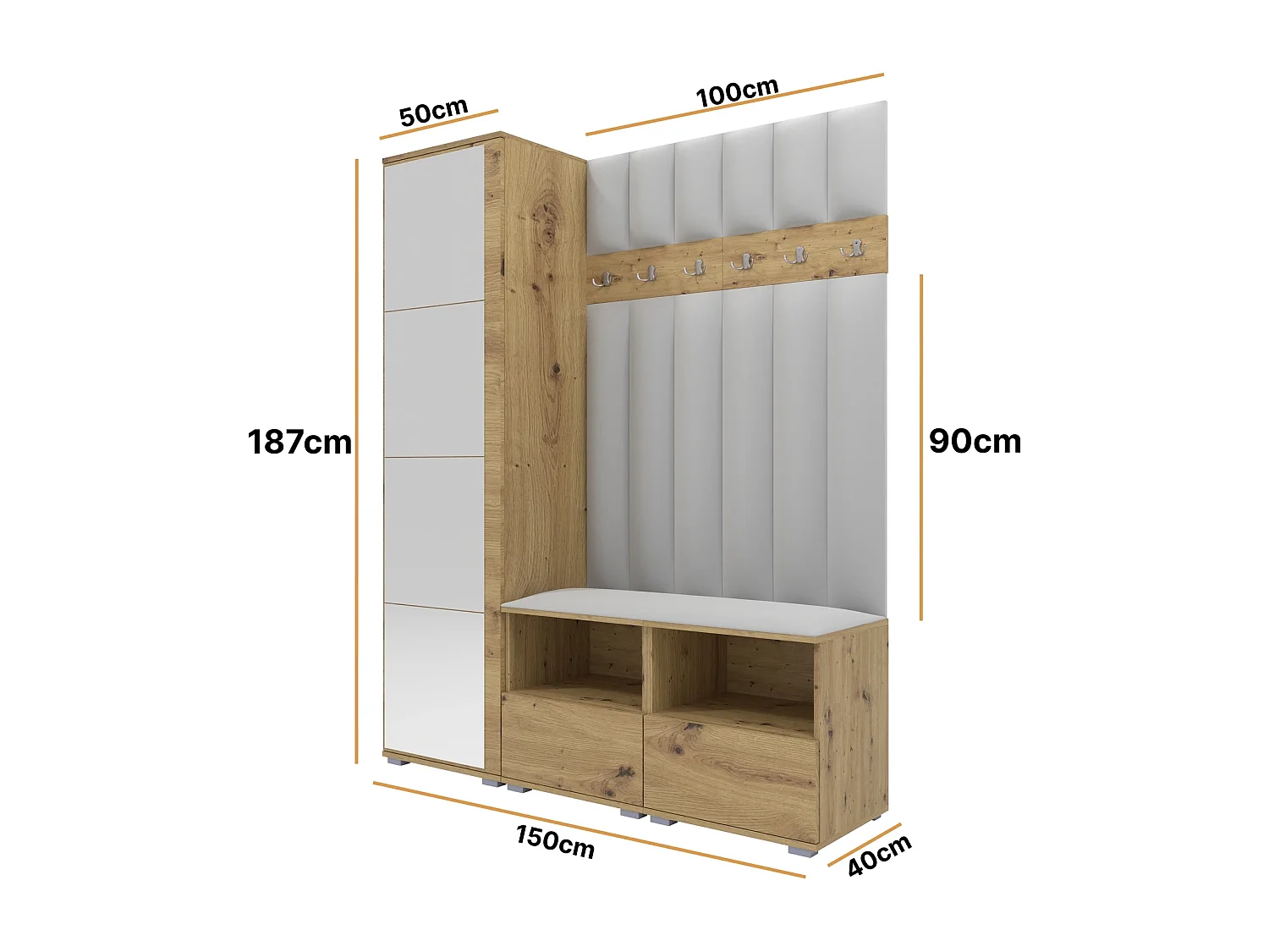Halcombinatie Nela II LUX met spiegel - 150 cm - Artisan Eiken - Trinity 32 - Lichtgrijs