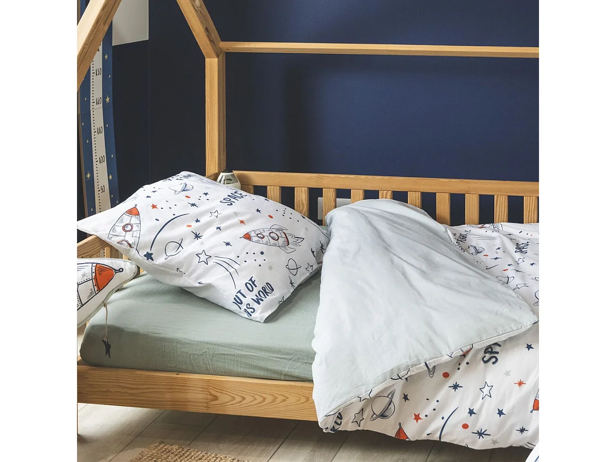 Parure de Lit Imprimé Floral Housse de Couette 140x200cm + 1 Taie d'Oreiller 63x63cm coton motif Fusée - COMETE