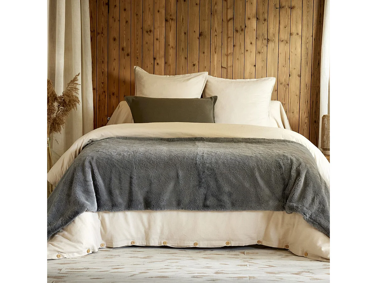 Chemin de lit 90x200cm fausse fourrure polyester coloris gris - ROZENN