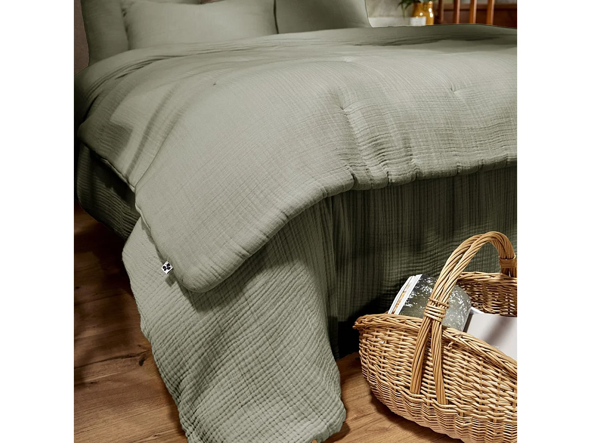 Chemin de lit 90x200cm gaze de coton uni coloris Romarin - INALIA