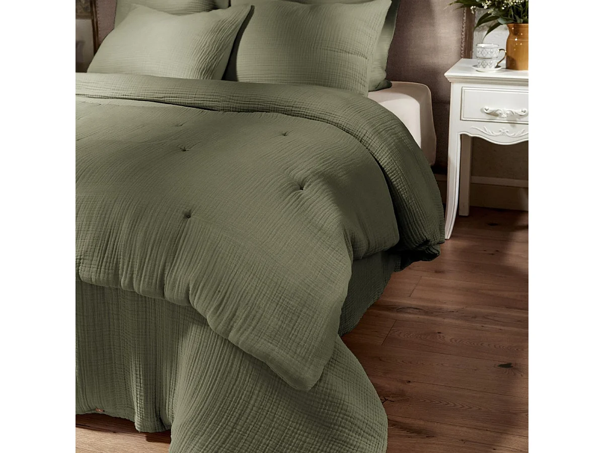 Chemin de lit 90x200cm gaze de coton uni coloris Romarin - INALIA