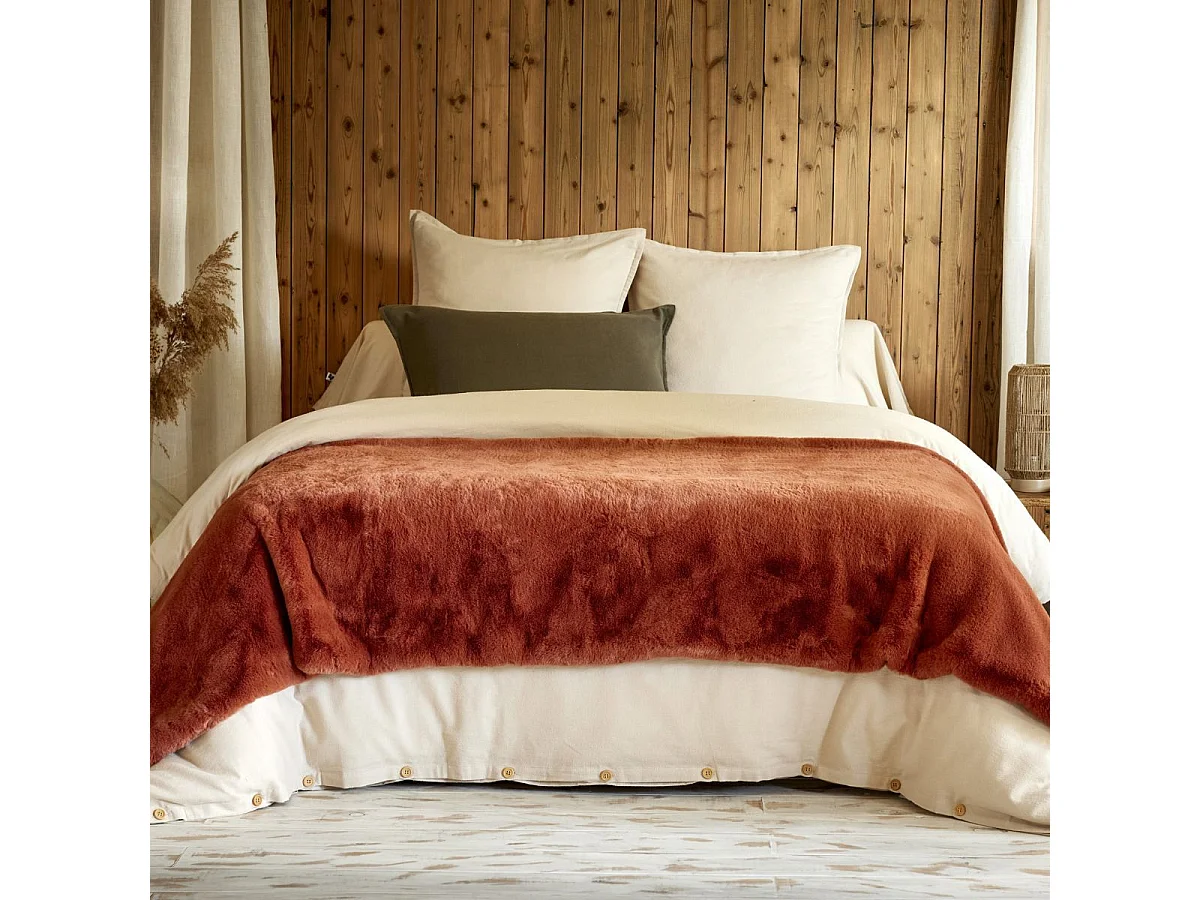 Chemin de lit 90x200cm fausse fourrure polyester coloris terracotta - ROZENN