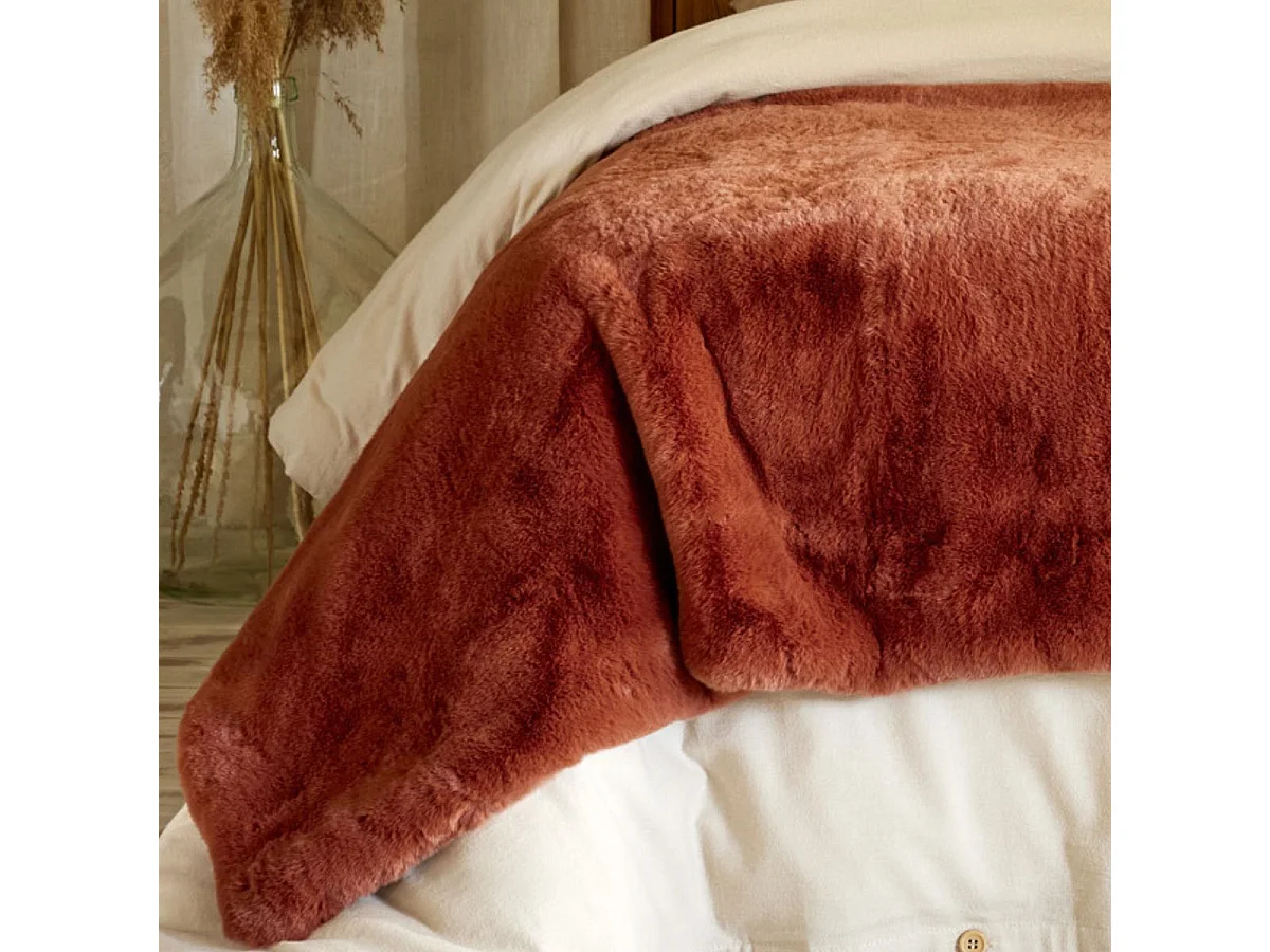 Chemin de lit 90x200cm fausse fourrure polyester coloris terracotta - ROZENN