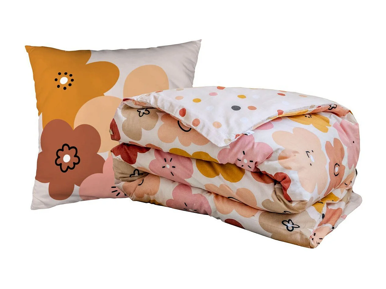 Parure de Lit Imprimé Floral Housse de Couette 140x200cm + 1 Taie d'Oreiller 63x63cm coton motif floral seventies - BARBAFLEUR