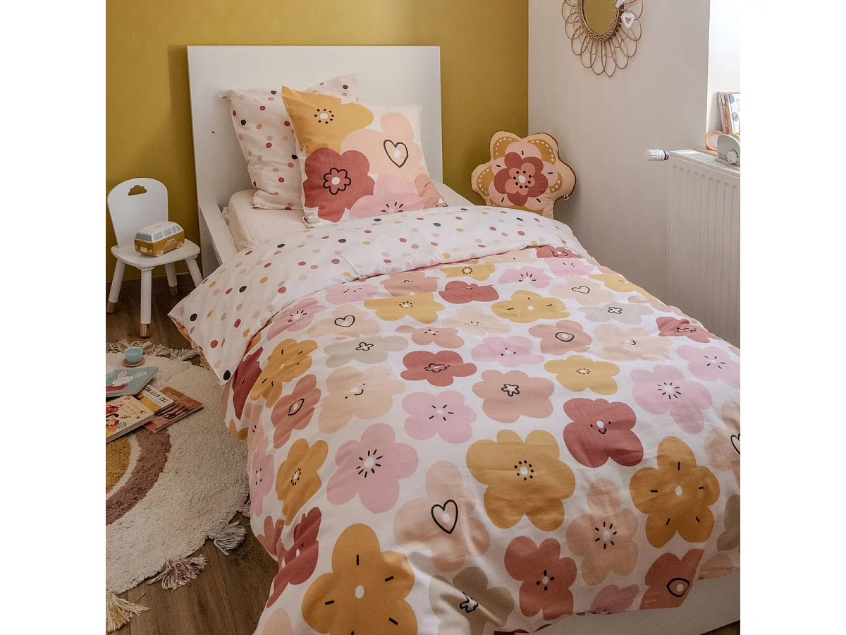 Parure de Lit Imprimé Floral Housse de Couette 140x200cm + 1 Taie d'Oreiller 63x63cm coton motif floral seventies - BARBAFLEUR