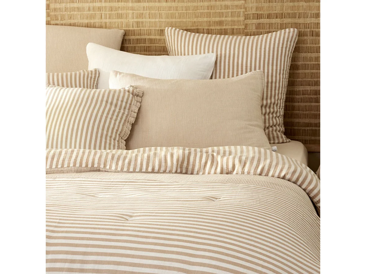 Taie d'oreiller 50x70cm gaze de coton tissé rayé beige - ROMELIA