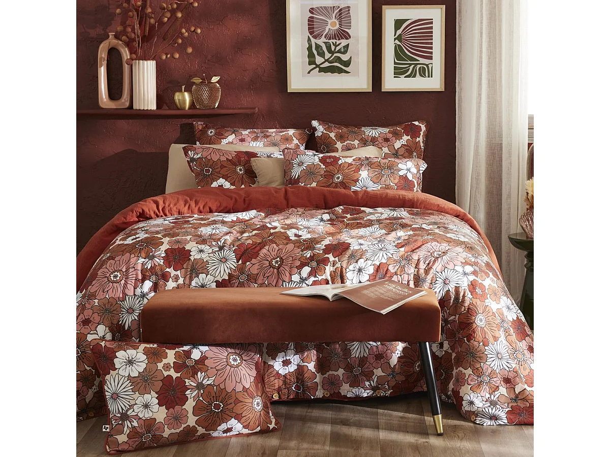 Housse de couette 240x220cm gaze de coton imprimé Floral coloris terracotta - ANASTASIA