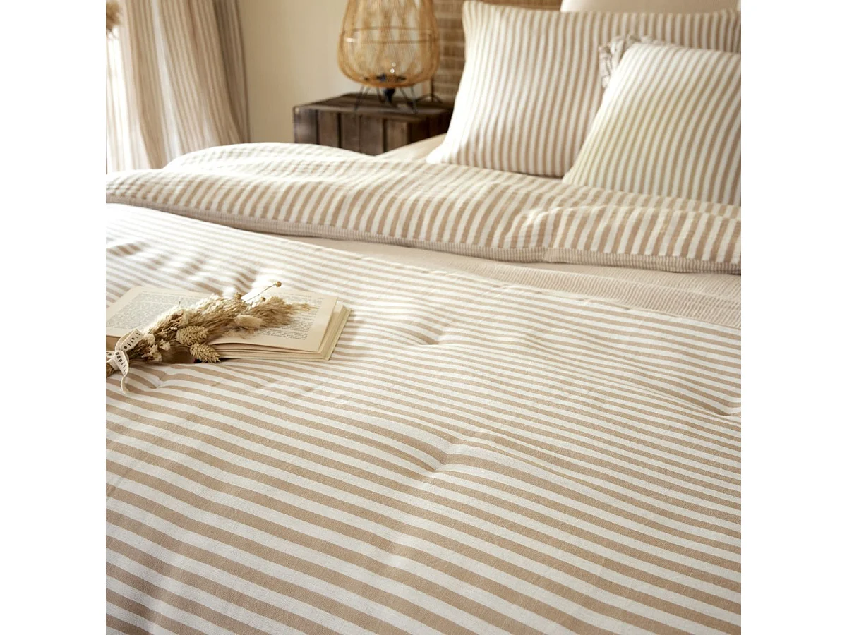 Housse de couette 140x200cm gaze de coton tissé rayé beige - ROMELIA