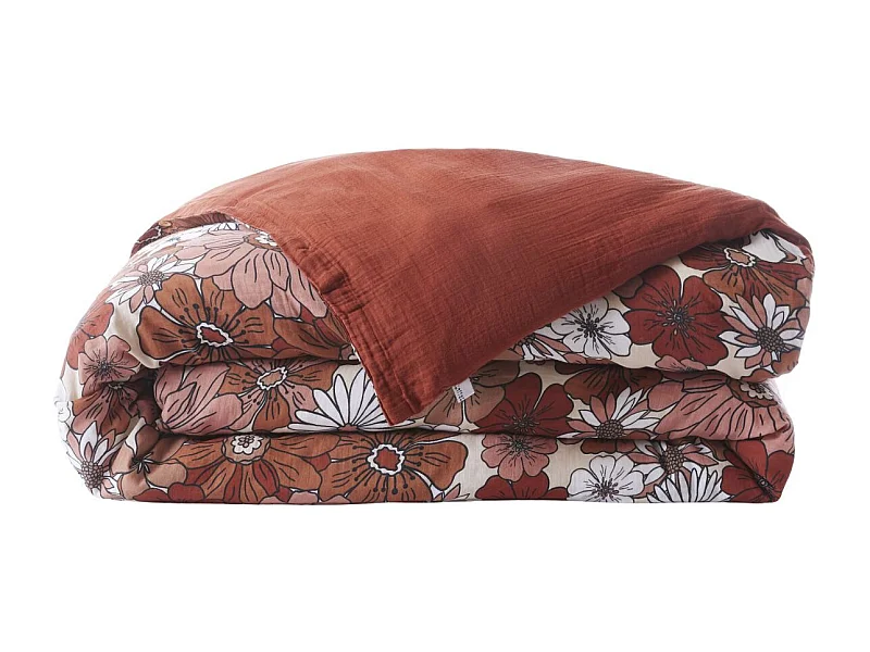 Housse de couette 260x240cm gaze de coton imprimé Floral coloris terracotta - ANASTASIA