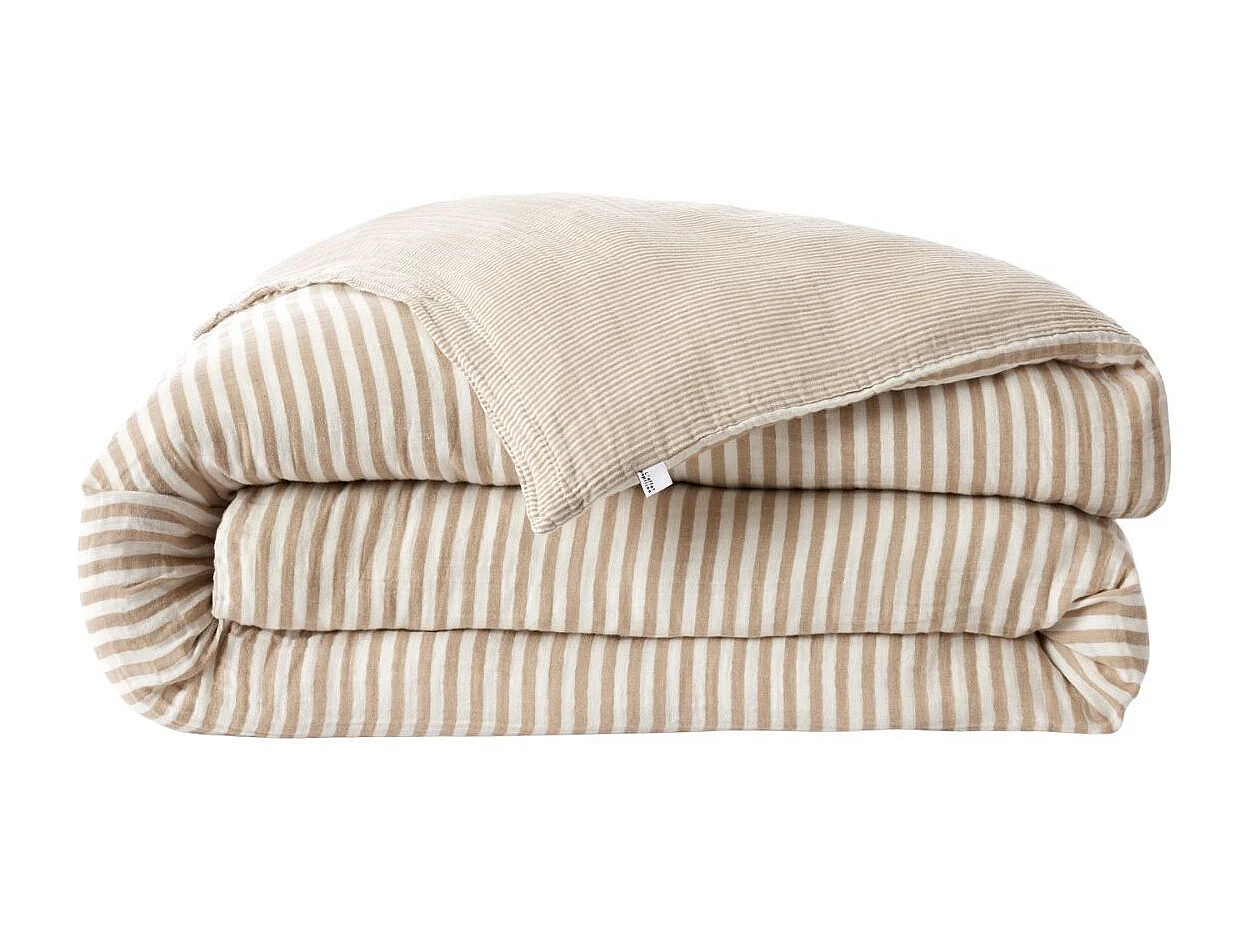 Housse de couette 240x220cm gaze de coton tissé rayé beige - ROMELIA