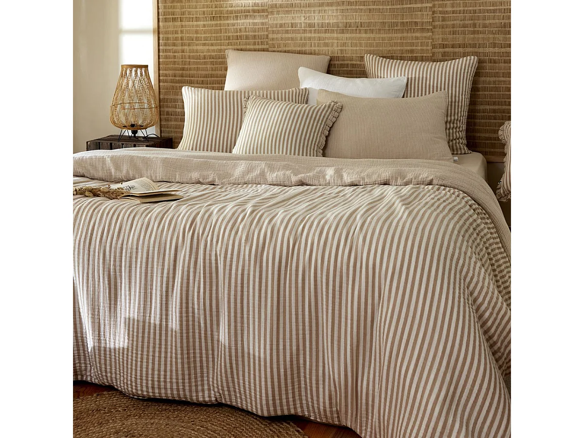 Housse de couette 260x240cm gaze de coton tissé rayé beige - ROMELIA