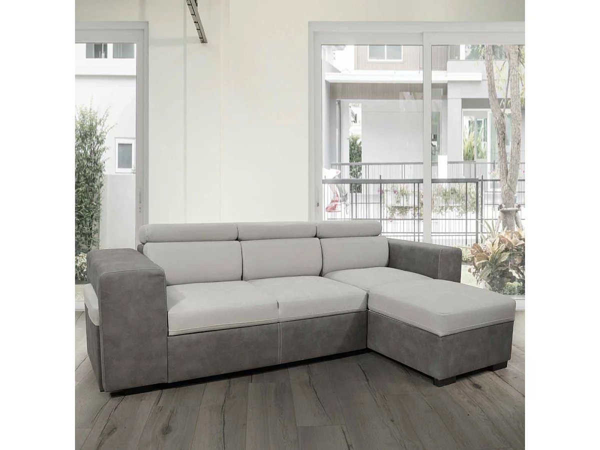 Canapé convertible méridienne réversible avec coffre + 2 poufs intégrés bicolore gris - CESAR