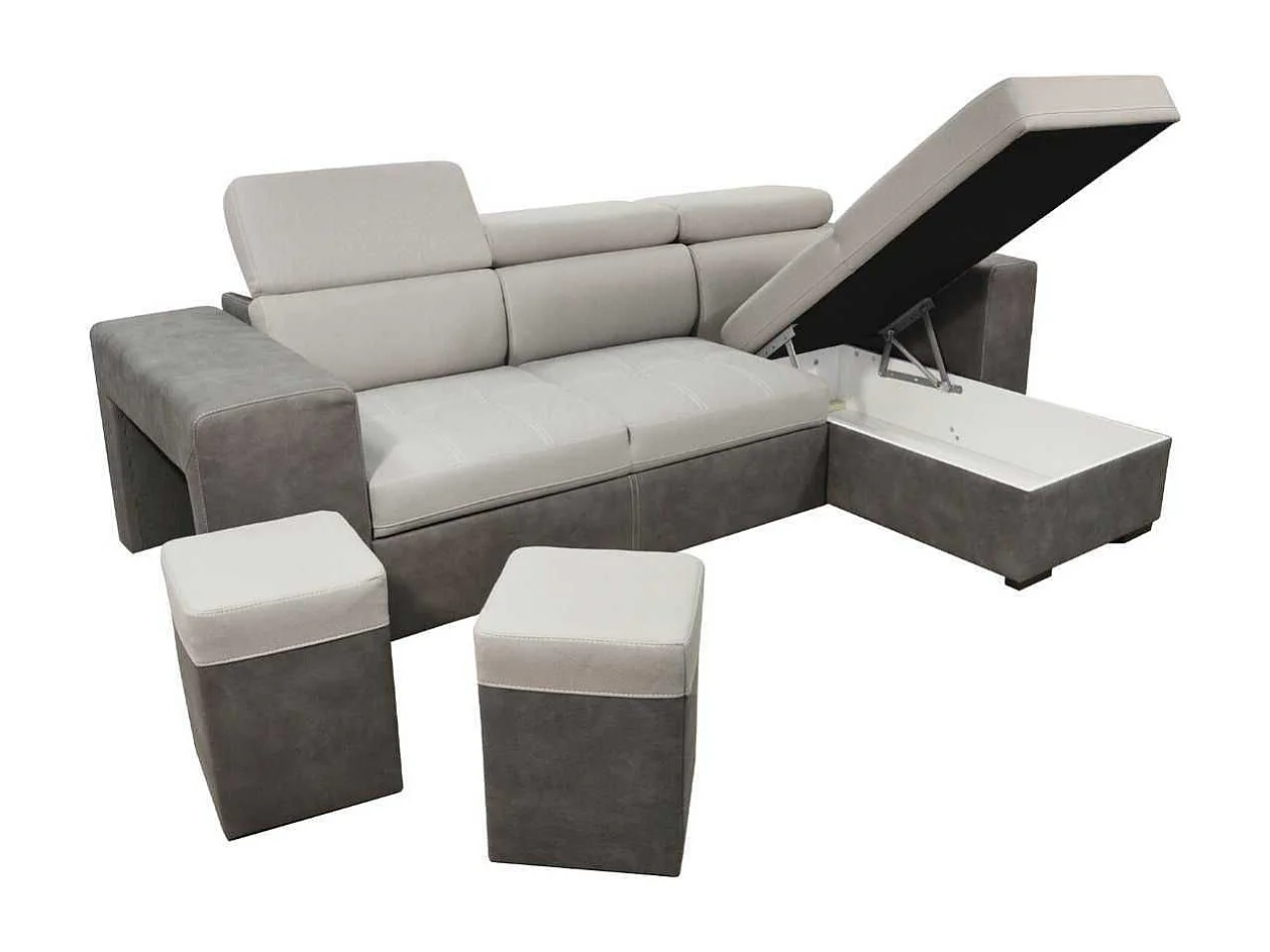 Canapé convertible méridienne réversible avec coffre + 2 poufs intégrés bicolore gris - CESAR